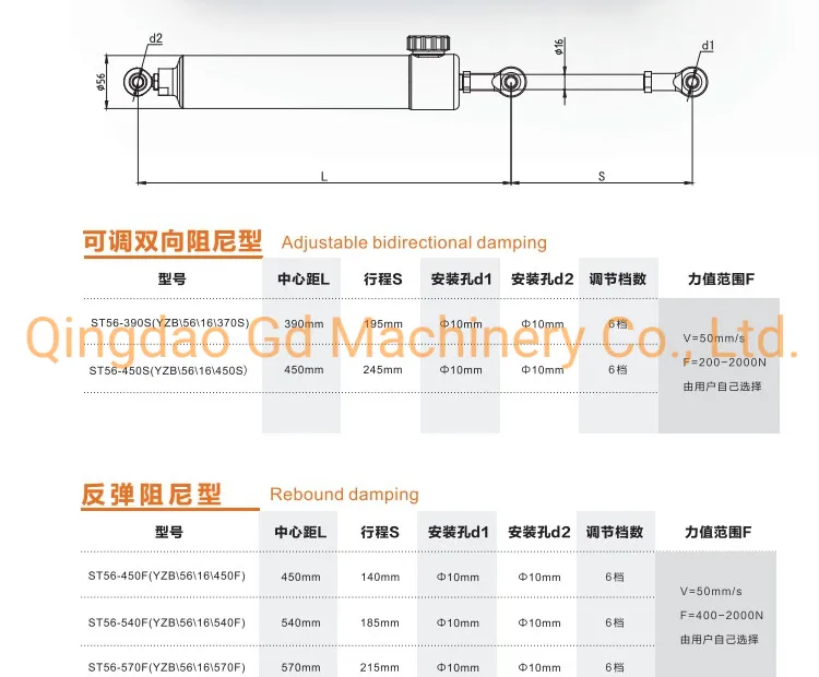 Different Stroke 56mm Diameter Iron Hydraulic Fitness Cylinder Damper for Exercise Machines