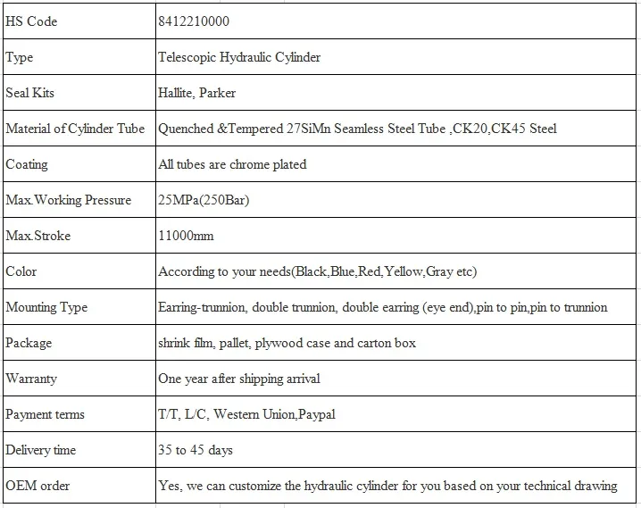 Hyva Type Parker Type Telescopic Hydraulic Cylinder for Dump Truck