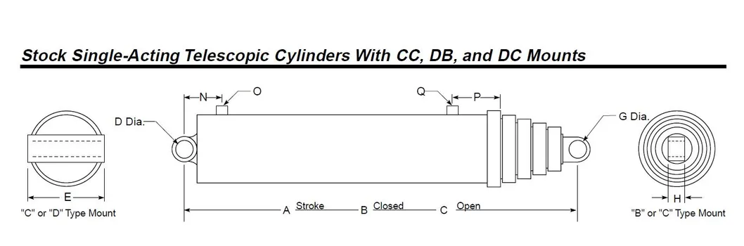 Single-Acting Telescopic Hydraulic Cylinders with Cc, dB, and DC Mounts